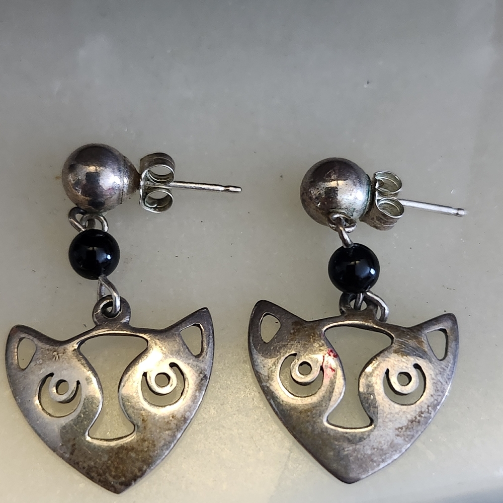 Sterling Silver 925 A.B.E Signed Vintage Cat Earrings